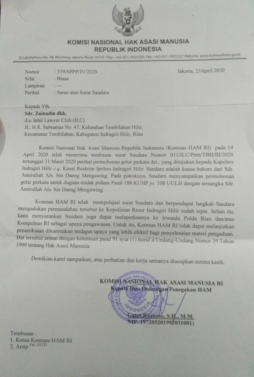 Nilai Sudah  Tepat Komnas HAM RI Respon Surat Inhil Lawyer 